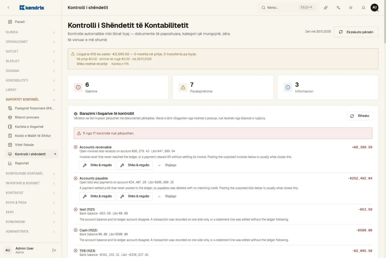 Faqja Kontrolli i shëndetit të kontabilitetit në Kendrix ONE