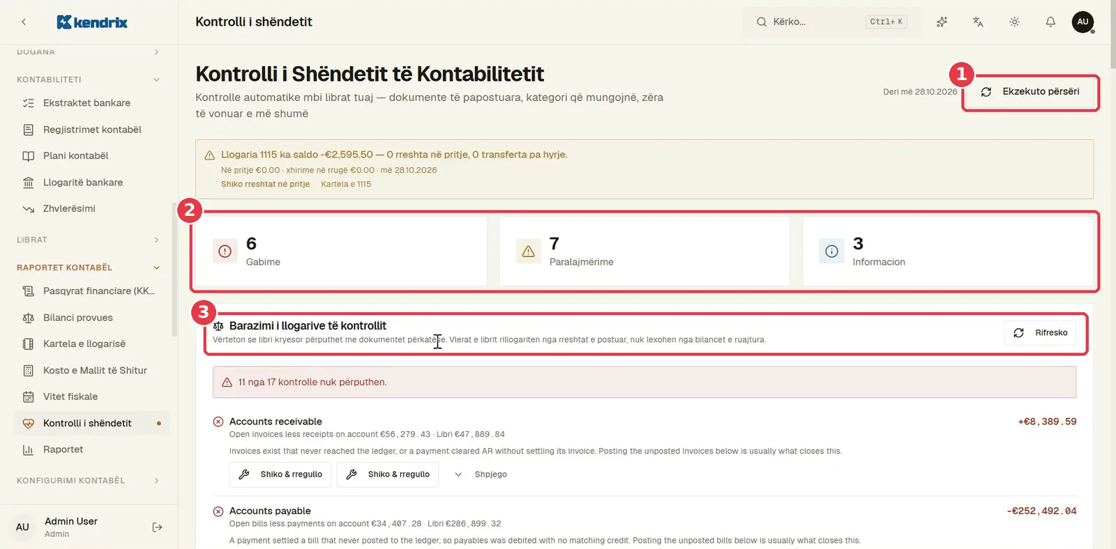 Faqja Kontrolli i Shëndetit të Kontabilitetit me numrin e gabimeve, paralajmërimeve dhe informacioneve
