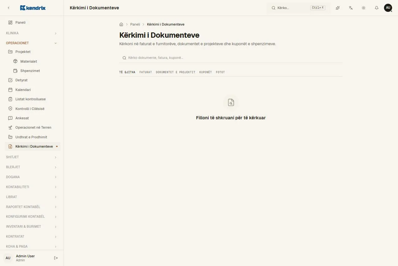 Faqja Kërkimi i dokumenteve në Kendrix ONE