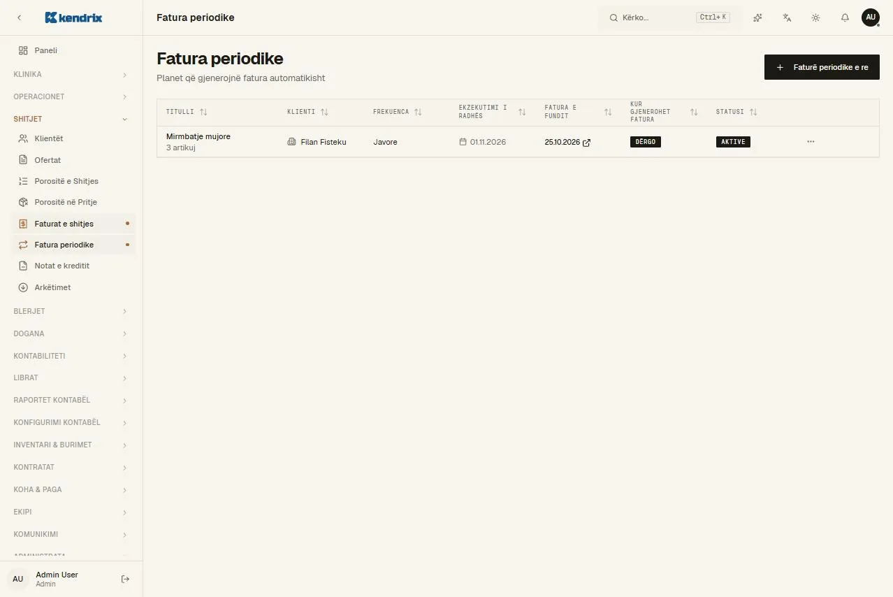 Faqja Faturat periodike në Kendrix ONE