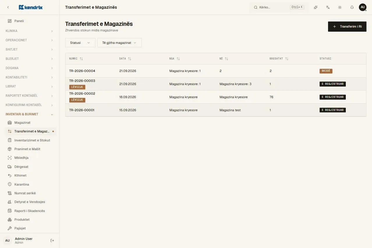 Faqja Transferimet e magazinës në Kendrix ONE