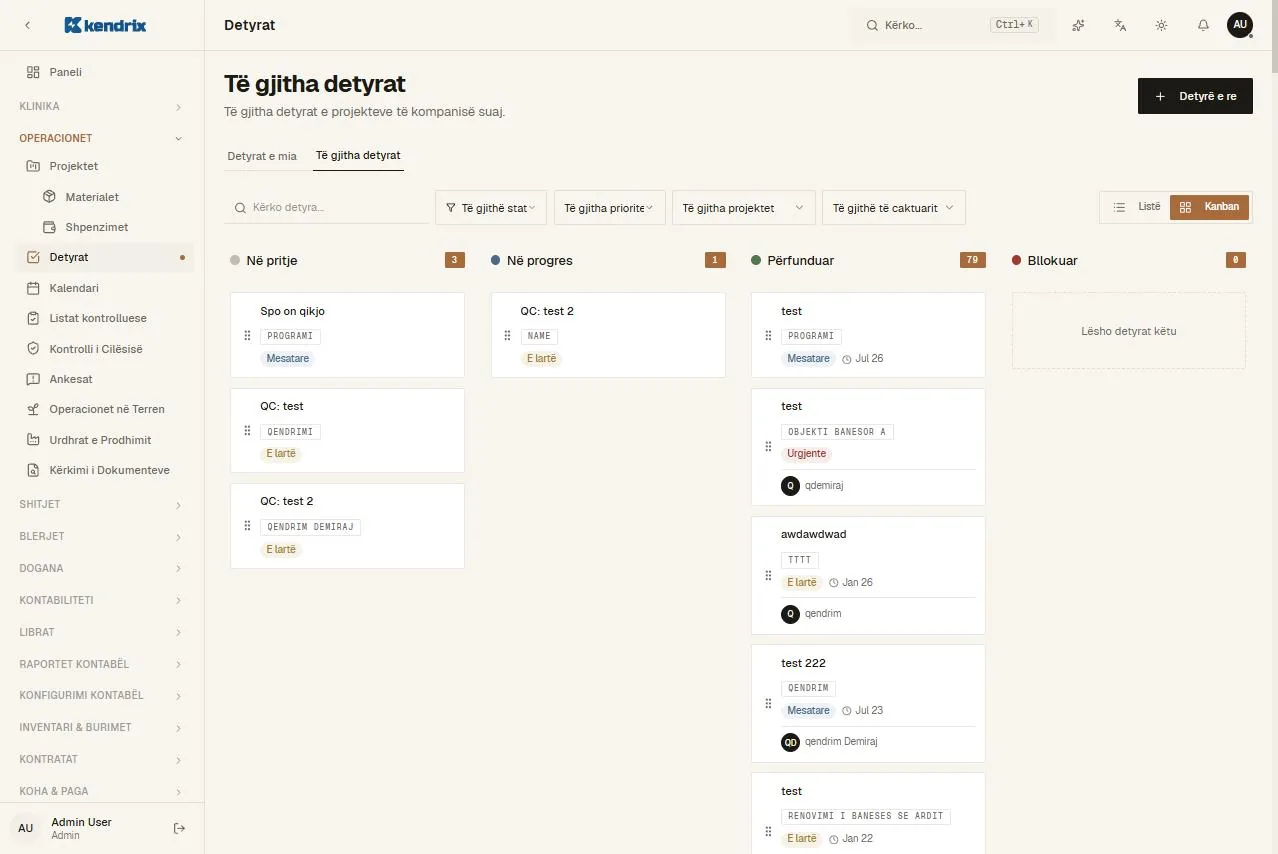 Faqja Detyrat (listë dhe Kanban) në Kendrix ONE