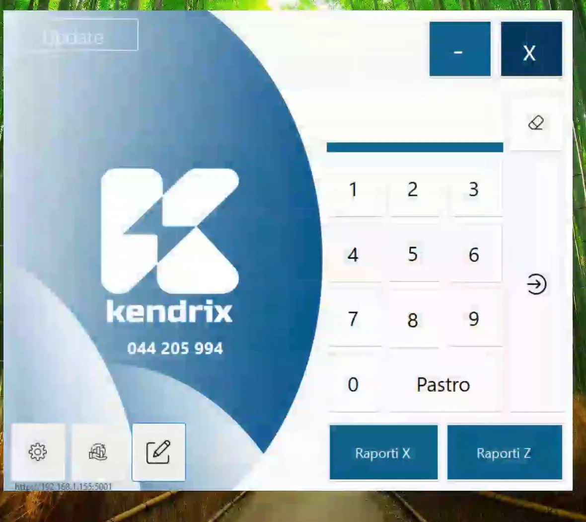 Ekrani hyrës i Kendrix POS me tastierën numerike për kodin PIN dhe butonat Raporti X dhe Raporti Z