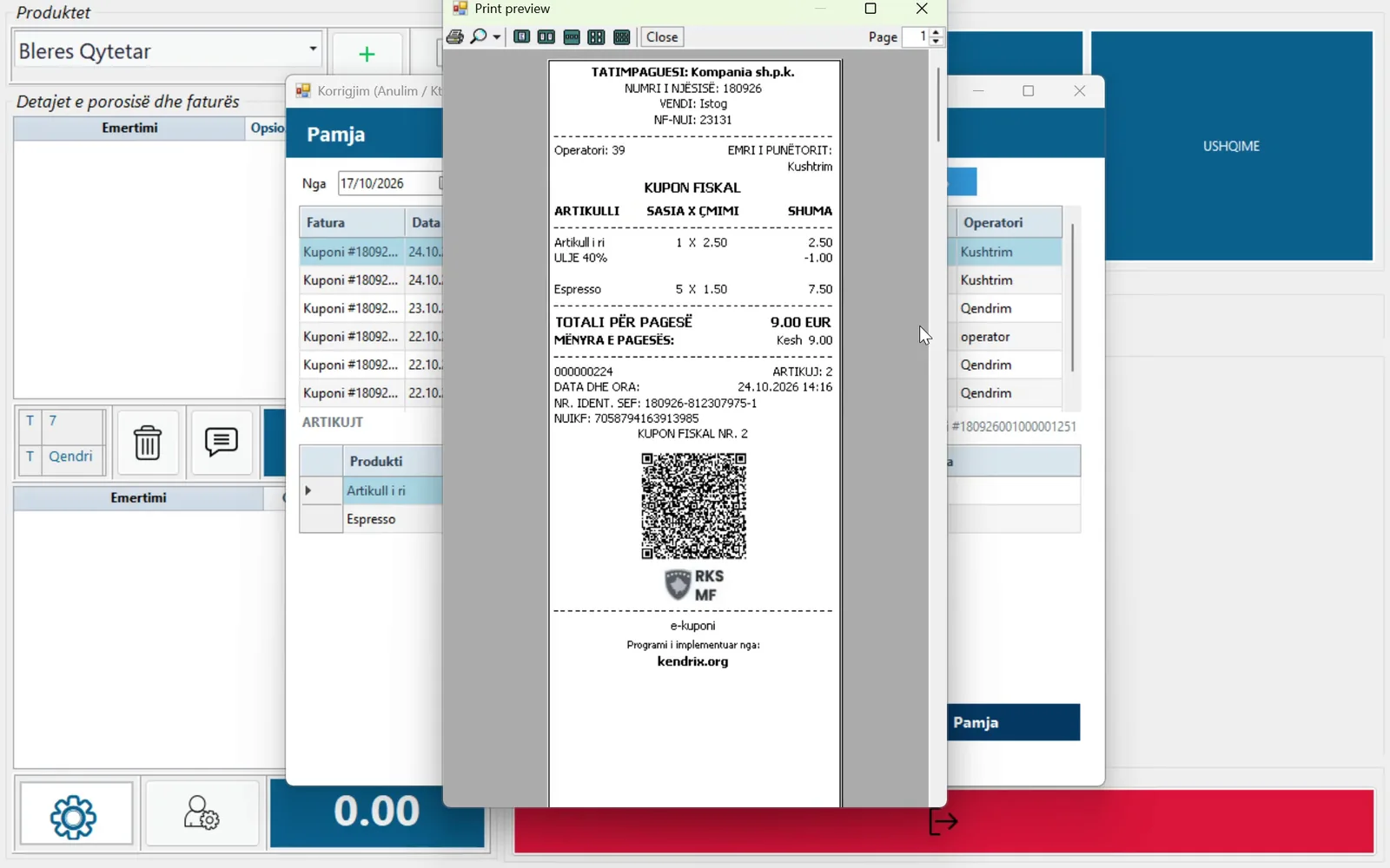 Parapamja e kuponit fiskal me artikujt, totalin dhe kodin QR